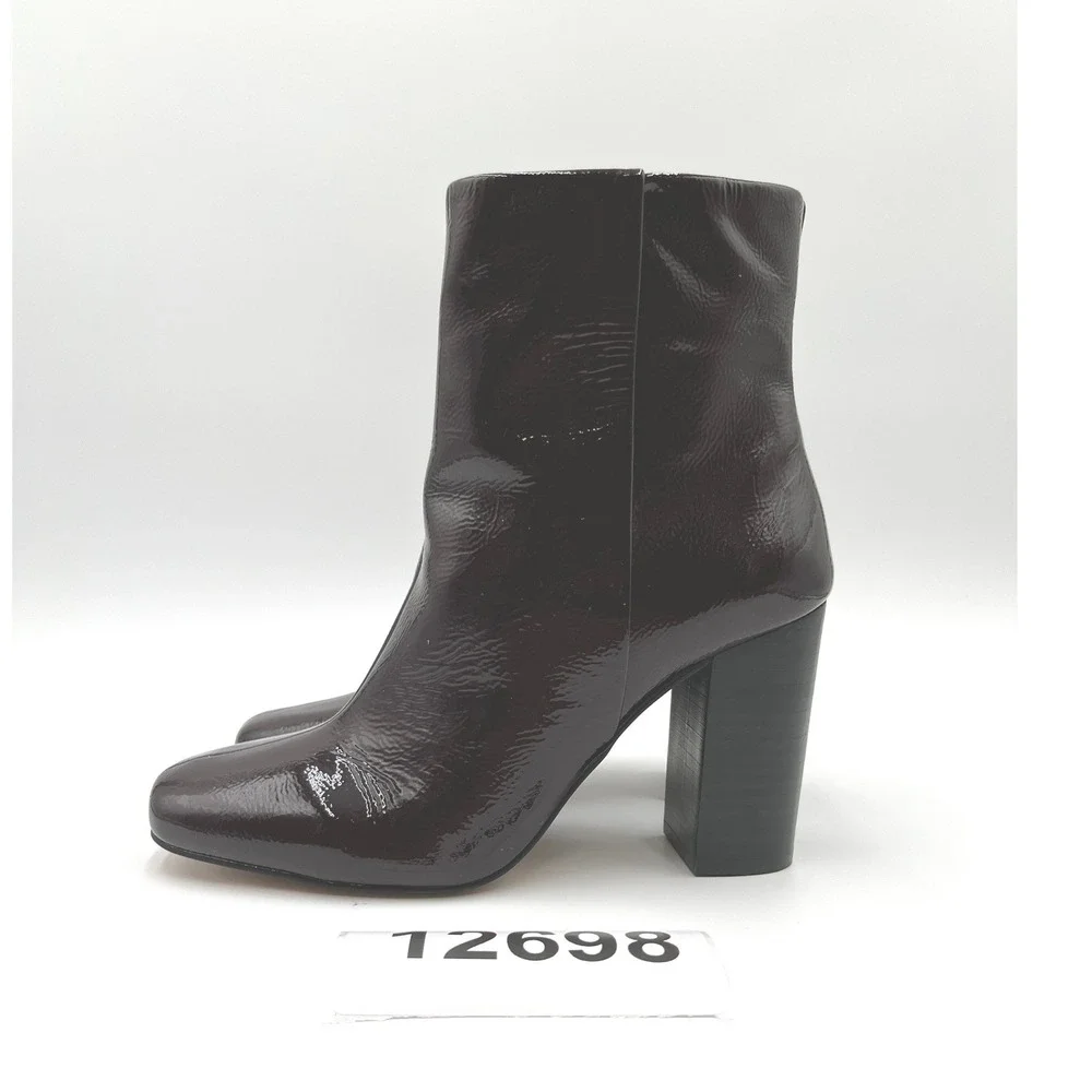 Vince Camuto Patent Leather Bootie Womens 9 Burgundy Excellent Block Heel Square